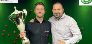 Bratislav Krastev holds the Bulgarian Snooker Championship trophy and is with Federation President Oleg Velinov.