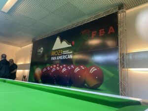 A big wall poster promoting the 2023 Pan American Snooker Championship.
